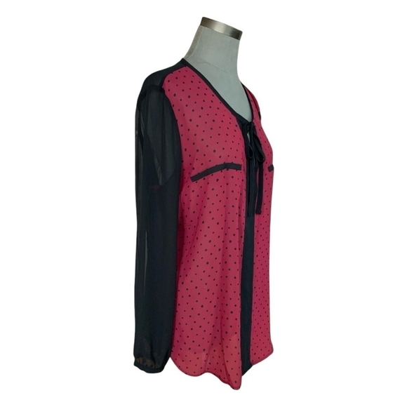 Women Top ANA A New Approach Black Red Polka Dot Sheer Blouse Long Sleeve Shirt - Picture 3 of 6